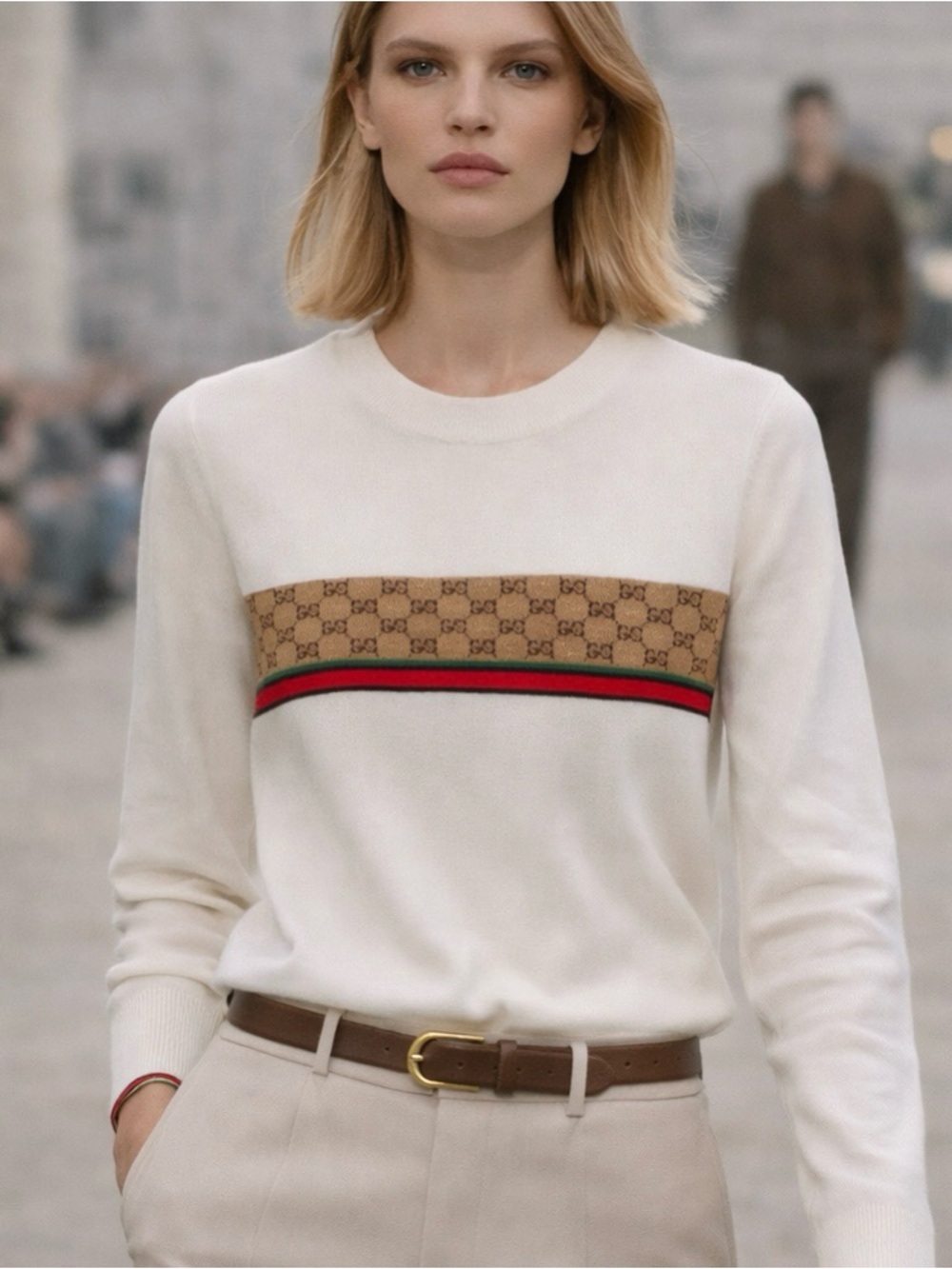 Gucci Cream Knit Sweater with Brown Monogram and Green-Red Stripe S/M